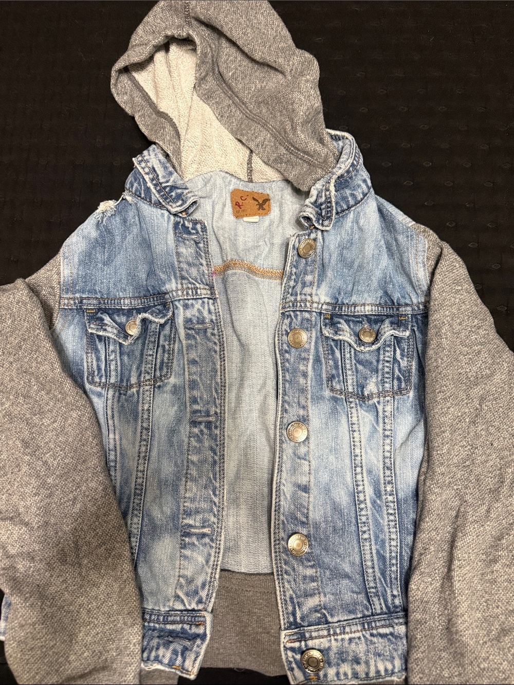 American Eagle Outfitters Light Blue Denim Jacket with Gray Hooded Sleeves